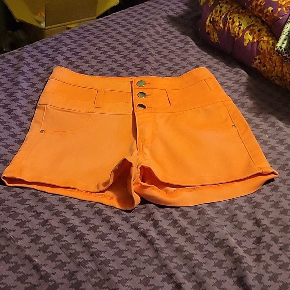 BRIGHT PINK/PEACH Juniors Shorty Shorts. High Waisted